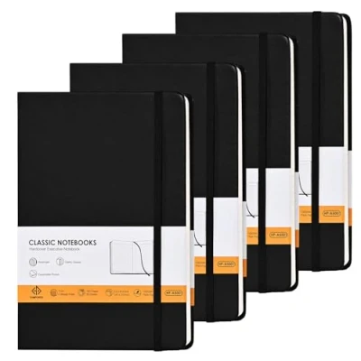 Image of HOMPOWER Lined Notebook Journals A5 Size 14 x 21cm, 160 Pages with Expandable Pocket, 100GSM Paper, Hardcover Notepad(Black 4 Packs)