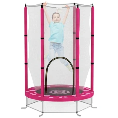 Image of AIYAPLAY 4.6FT Kids Trampoline with Safety Enclosure Net, Recreational Toddler for Indoor Outdoor Use, Ages 3 6 Years, Sun Pattern Pink