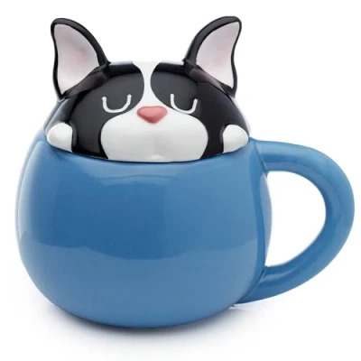 Image of Puckator Dog Squad French Bulldog Peeping Lid Ceramic Lidded Animal Tea Coffee Mug Funny Home Accessories Cute Gifts for Girlfriend Large Mugs Men Women Hot Drinks Cups Presents
