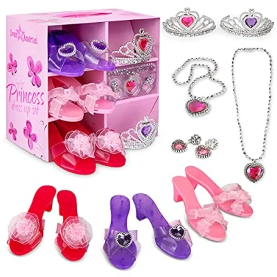 Image of Dress Up America My Princess Shoes Set for Kids Crown Girls, 3 Shoe Pairs,Earrings,Necklace Little Girl and Toddler Role Play Gift