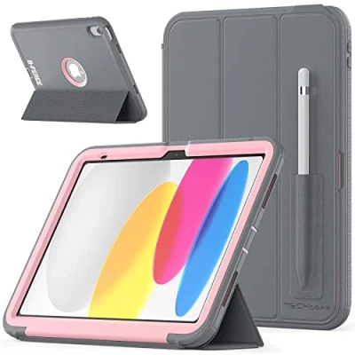 Image of TECHGEAR D FENCE Design For Apple iPad 10 2022 10th Generation 10.9&quot;, Slim Shockproof Tough Rugged Protective Armour Smart Case + Stand, Schools Builders Workman Kids [Pink]