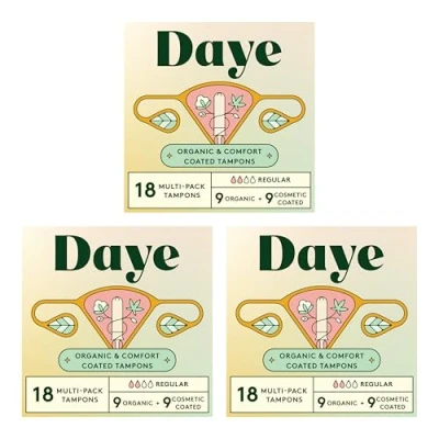 Image of Daye CBD and Organic Tampons with Sugarcane Applicator, No Shed Sleeve, Ocean Safe Flushable Wrapper, 100% Cotton (Regular Absorbency) (Mixed Regular, 54, Count)