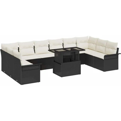 Image of vidaXL 11 Piece Garden Sofa Set with Cushions Black Poly Rattan