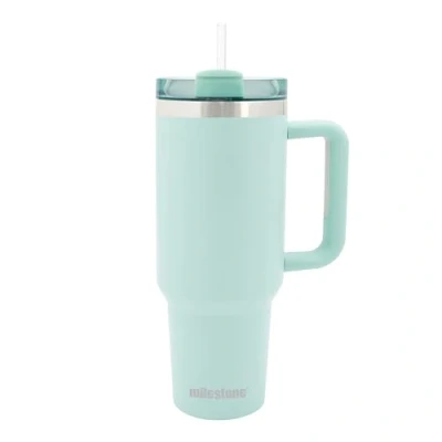 Image of Milestone 40oz Tumbler with Straw, Handle &amp; Lid/Large Capacity Insulated Stainless Steel Travel Mug for Cold or Hot Drinks (Mint Green)