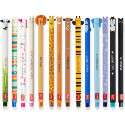 Image of LEGAMI Set of 14 Erasable Gel Pens with Thermosensitive Erase Ink, Range ink colours &amp; barrel designs, 0.7mm Tip, Animal Designs
