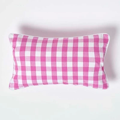 Image of HOMESCAPES Pink and White Gingham Cushion Cover 30 x 50 cm (12 20) Block Check Pattern 100% Cotton Decorative Rectangular