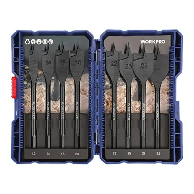Image of WORKPRO Spade Drill Bits Set Wood 8 PC, Flat Bit, 1/4 inch Quick Change Hex Shank, 12 mm/ 16 18 20 22 25 28 32 mm, Storage Case