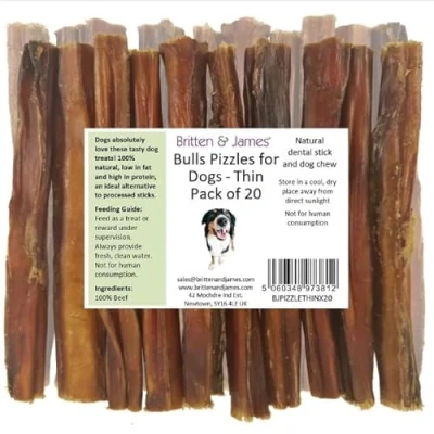 Image of Britten &amp; James 20 Thin Bulls Pizzles for Dogs (12cm length) Bully Stick, Natural Dental Stick and Dog Chew. Hypoallergenic, Grain Free Long Lasting Treat