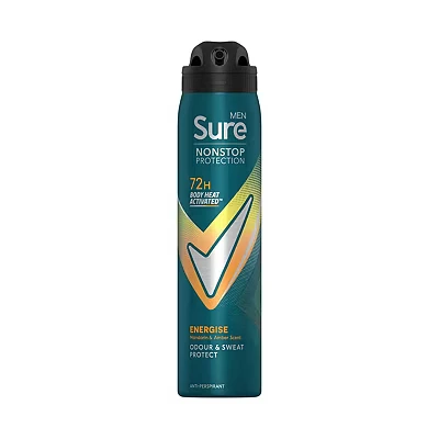 Image of Sure Men Nonstop protection Energise Anti Perspirant Aerosol men&#039;s deodorant spray with Body Heat Activated technology for 72 hour against odour and sweat 250 ml