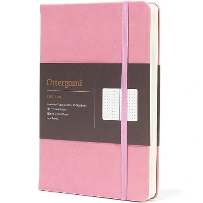 Image of Ottergami Dotted Notebook A5 Hardback The Pro Bullet Dot Journal 144 Pages, Thick 150gsm Paper Note Book Luxury Vegan Leather Journals for Women &amp; Men Work University Essentials (Pink)