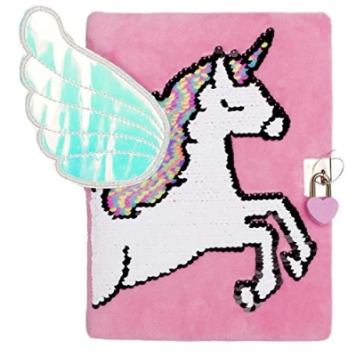 Image of Fringoo Cute Pink Plush Secret Diary for Girls Reversible Sequins Design Journal with Padlock &amp; Bookmark Weekly Planner Lockable A5 Notebook 96 Pages Unicorn