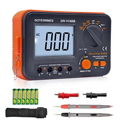 Image of Insulation Resistance Tester Digital Ohm Meter Megohmmeter GR VC60B+ DCV Megohm Voltage 250/500/1000V, ACV 750V with 1999 Count Large LCD Display, Data Hold, Backlight