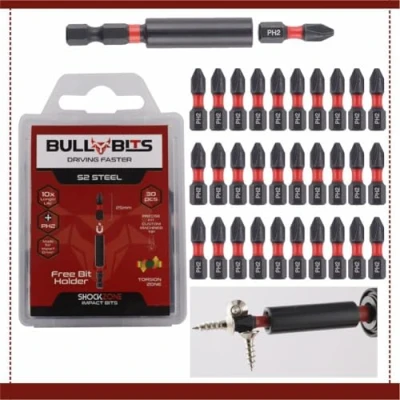 Image of 30x Bull Bits 25mm PH2 Impact Screwdriver Drill Driver Set Phillips No.2 + Magnetic Bit Holder Compatible with DeWalt Milwaukee Bosch Makita and More