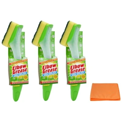 Image of 3X Elbow Grease Fillable Washing Up Brush with Refill Sponge Ergonomic Design Handle Ultra Absorbent Microfibre Cleaning Cloth