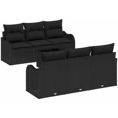 Image of vidaXL 7 Piece Garden Sofa Set with Cushions Black Poly Rattan
