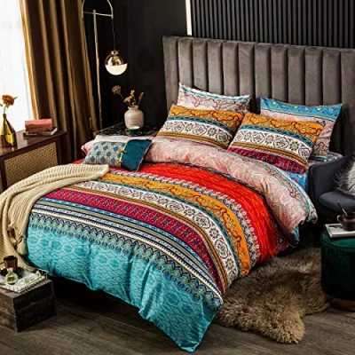 Image of Bohemian Duvet Cover Set Full Colorful Floral Boho Striped Bedding Ultra Soft Microfiber Double Southwestern Indian Tribal Reversible Exotic Style Decor Comforter