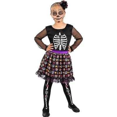 Image of Funidelia Day of the Dead Catrina Skeleton Costumes for girl Sugar skull &amp; Halloween Costume kids accessory fancy dress props Halloween, carnival parties Size 3 4 years