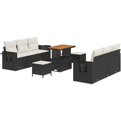 Image of vidaXL 9 Piece Garden Sofa Set with Cushions Black Poly Rattan Acacia