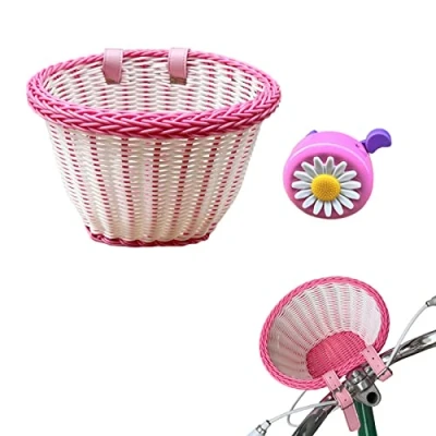 Image of Xiaoxin Kid&#039;s Basket Streamers Set,Front Handlebar Basket,Girls Pink,Kids Girls Handwoven with Bell Streamer Tassels Windmill Stickers,Kids Accessories