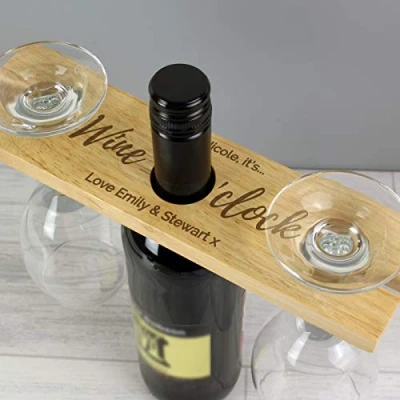Image of Custom Wooden Personalised &quot;Wine O Clock&quot; Bottle &amp; Glass Holder