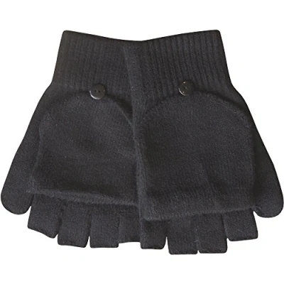 Image of TeddyT&#039;s Mens&#039; Winter Thermal Knit Magic 2 in 1 Combo Fingerless Gloves &amp; Mittens (Black)