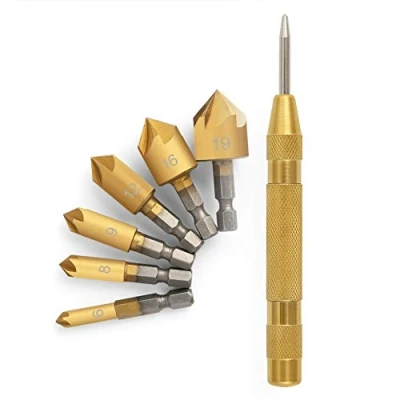 Image of COMOWARE Countersink Drill Bit Set 6 Pcs Counter Sinker Bits for Wood, Quick Change, 1/4&#039;&#039; Hex Shank, HSS, 5 Flute 90 Degree Center Punch Tool, 6mm 8mm 9mm 12mm 16mm 19mm with