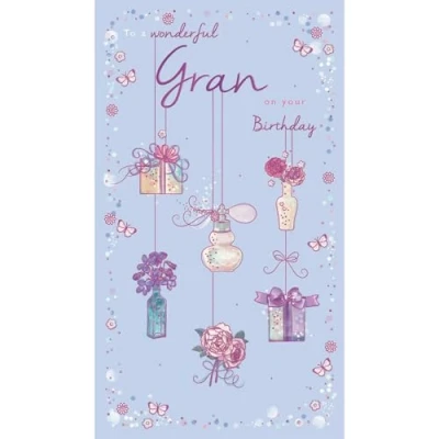 Image of Gran Birthday Card Wonderful Flowers and Butterflies Contemporary Floral Design Special Finishes Illustrated Insert Leaf Made in the UK Eco Friendly