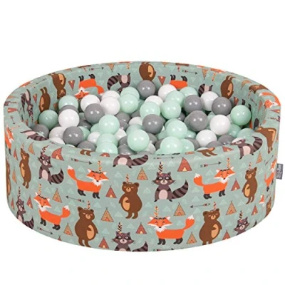 Image of KiddyMoon Soft Ball Pit Round 90X30cm/200 Balls ∅ 7Cm / 2.75In For Kids, Foam Pool Baby Playballs Children, Fox Green:White/Grey/Mint
