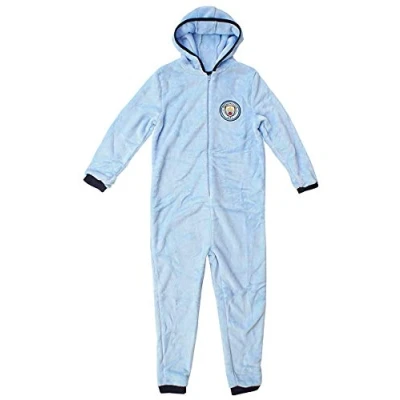 Image of Boys Official Man City MCFC Hooded Fleece Zipper Sleepsuit Onesie Romper sizes from, 3 4 Years, Blue