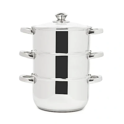 Image of Sabichi Food Steamer 3 Tier Induction Ready, Vented Glass Lids, Multi Level Cooking, Dishwasher Safe, Polished Mirror Finish Perfect for Vegetables, Meat, and Seafood