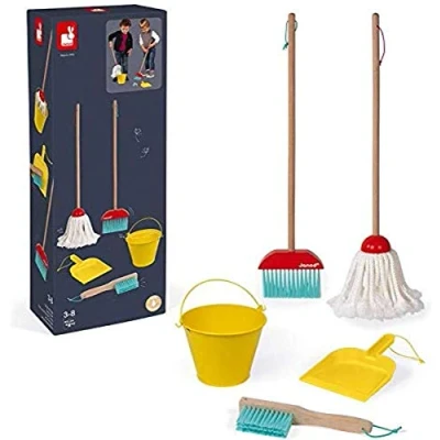 Image of Janod Cleaning Set 5 Realistic Wooden Accessories Broom + Mop Bucket Shovel Brush Imitation Toy for Children from 2 Years Old, J06588