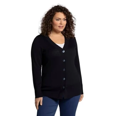 Image of Ulla Popken Women&#039;s Strickjacke, V Ausschnitt, Knopfleiste, Feinstrick Shirt Tight, Navy Blue, 24 26