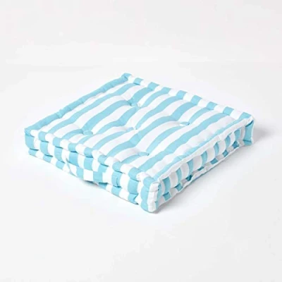 Image of HOMESCAPES Thick Stripe Blue 100% Cotton Floor Cushion Medium Cornflower 40 x 8 cm Square Indoor Garden Dining Chair Booster Seat Pad