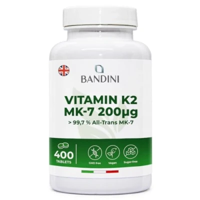 Image of Bandini® Vitamin K2 MK7 200mcg 400 Vegan Tablets 1 a Day + Year Supply High Strength Menaquinone MK 7 VIT K 2 K2Vital® Supports Normal Bones Manteinance GMO Free Italian Quality