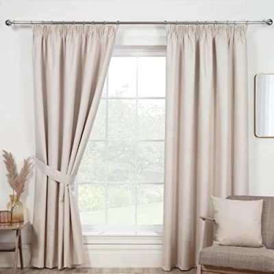 Image of Sundour Eclipse Blackout Pencil Pleat Curtains Natural Beige 90x90 Fully Lined Curtain Taped Top