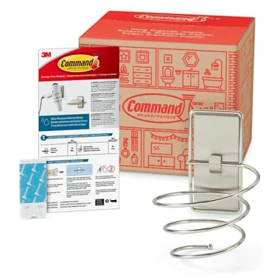 Image of Command Hair Dryer Holder, Satin Nickel, 1 2 Water Resistant Strips, Organize Damage Free