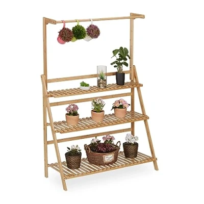 Image of Relaxdays Plant Stand, 3 Tiers &amp; Hanging Rod, HWD 145.5 x 100 38 cm, Bamboo, Folding Flower Pot Shelves, Wood, Natural