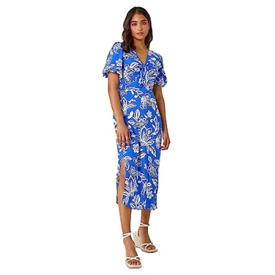 Image of Roman Originals Bold Floral Stretch Midi Dress for Women UK Ladies Everyday Holiday Spring Summer V Neckline Comfy Soft Evening Vacation Work Party Royal Blue Size 10