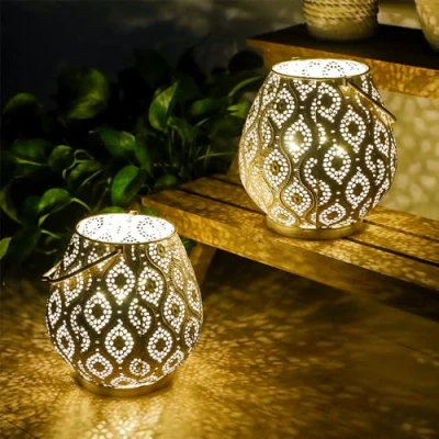 Image of TRIROCKS Set of 2 Moroccan Decorative Lamps 26cm H Battery Powered Cordless Lamp Metal Table with Fairy Lights Bulb for Home Living Room Garden Yard Party Events Tabletop Indoor Outdoor (White)