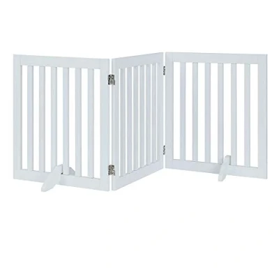 Image of unipaws Freestanding Dog Gate, Foldable Pet Fence, Indoor Wood Barrier, Assembly Free Stair Gate with 2PCS Support Feet (61cm H, 3 Panels, White)