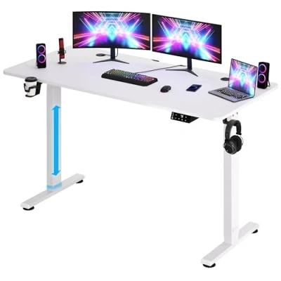 Image of CASARIA® White Motorised Sit Stand Desk Height Adjustable 73 118cm 140x60cm Deskop LCD Display Standing Home Office Workstation Gaming Computer Table Headset Drink Holder