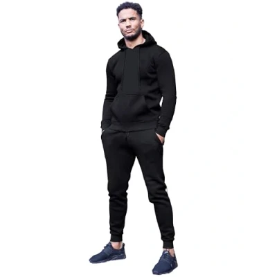Image of 989Zé ENZO Mens TRACKSUIT Long Sleeve Pullover Overhead Hoodie and Casual Cotton Fleece Joggers Pants Set HD578 + JG579 BLK M