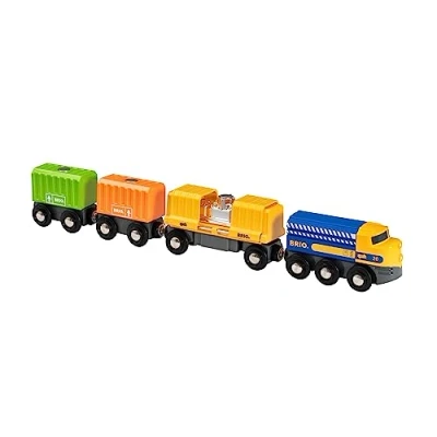 Image of BRIO World Three Wagon Cargo Engine Train Toy for Kids Age 3 Years Up Wooden Railway Add On Accessories