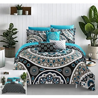 Image of Chic Home Mornington Large Scale Contempo Bohemian Reversible Printed with Embroidered Details. King Bed in a Bag Comforter Set, Polyester, Black