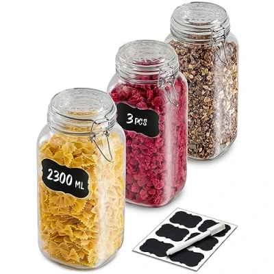 Image of Praknu Glass Jars With Clip Lids Large 2l 3 Pack Airtight Storage Labels, Pen &amp; Extra Silicone Seals Square Shape Dishwasher safe