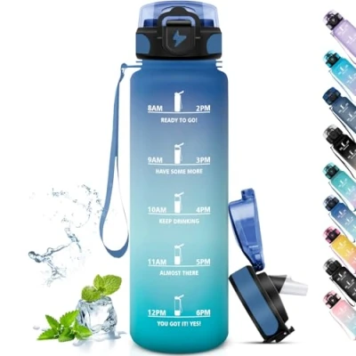 Image of Grsta Water Bottle 1 L, Sports for Adults, with Straw, Easy to Clean, Time Marking, Fitness, Hiking, Camping, Outdoor