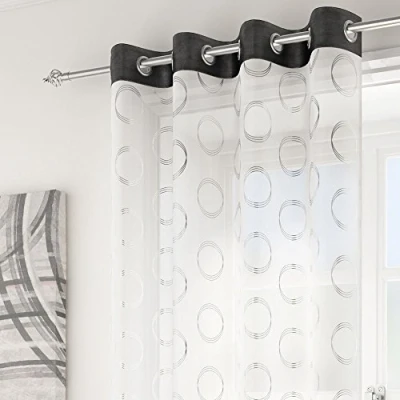 Image of Spiro retro circles black silver white voile 55 x 54 drop inches 140cm 137cm approx plain eyelet ring top sheer elegance curtain door panel