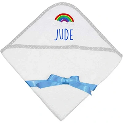 Image of Personalised Rainbow White Baby Bath Time Hooded Towel (Royal Blue)