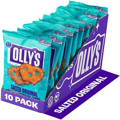 Image of Olly&#039;s Pretzel Thins, Original Salted, 35g (Pack of 10), Handy Snack Pouches, Healthy Plant Based Vegan Snacks for Dipping, Low Calorie Snacks, Fat, Source Fibre, No Preservatives