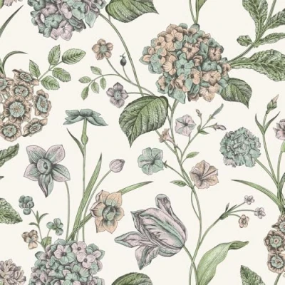 Image of Hydrangea Green Floral Wallpaper Flowers Botanical Leaves Naturistic Classic Traditional Stylish Feature Wall